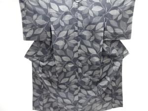 アンティーク　葉模様織り出し十日町紬単衣着物